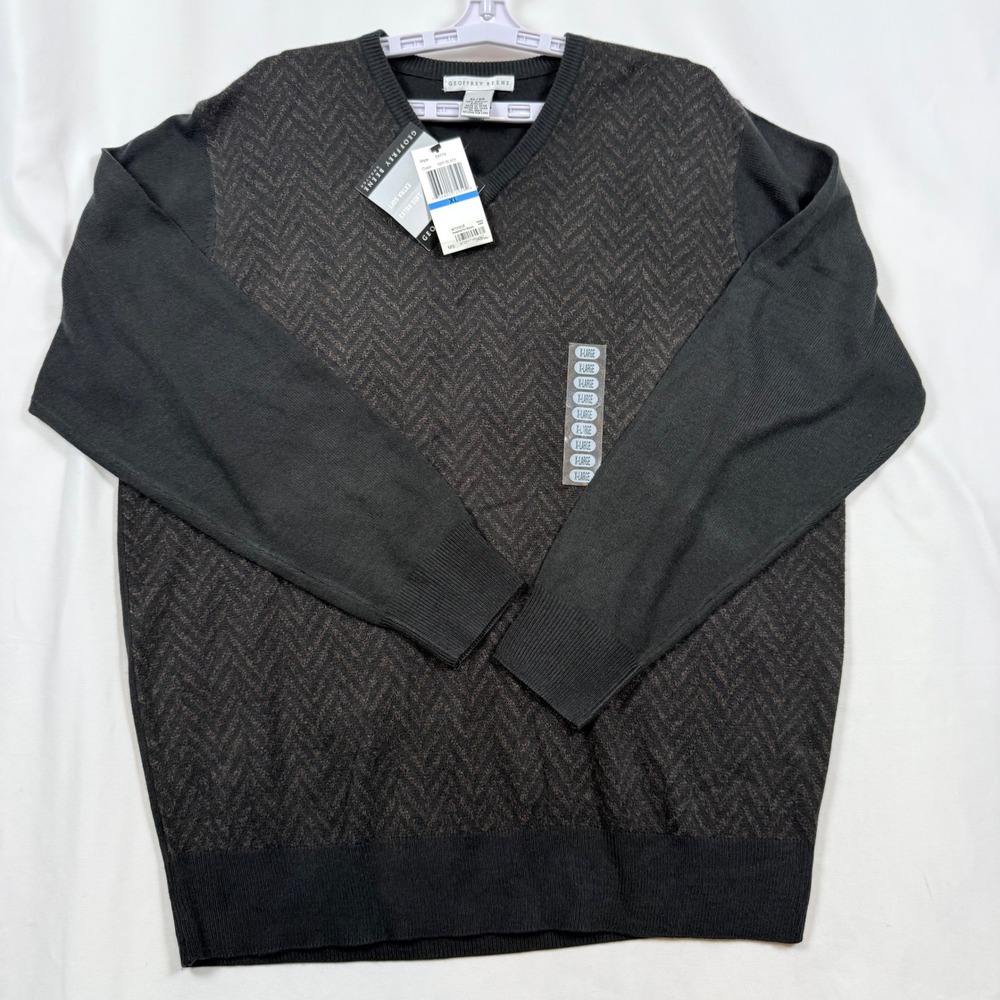 Geoffrey Beene Mens V Neck Sweater XL Black Herringbone Knit Pullover NWT - Picture 3 of 9
